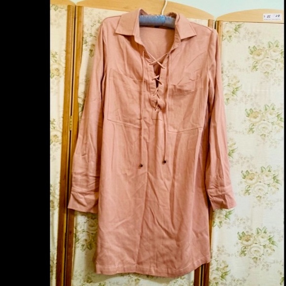 Lulu’s Mauve Pink Lace Up Long Sleeve Shirt Dress - Picture 4 of 4